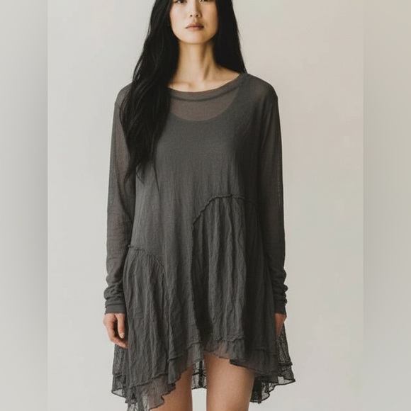 Comfy USA Greenish Gray Crinkle Long Sleeve Sheer Fairy Whimsy Goth Tunic Sz S - Picture 2 of 10